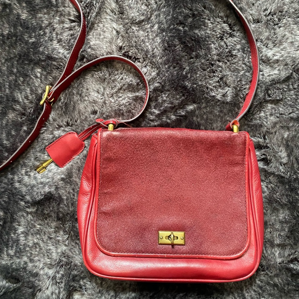 Fossil Vintage VRI Cranberry Leather Calf Hair Crossbody Flap Messenger Bag